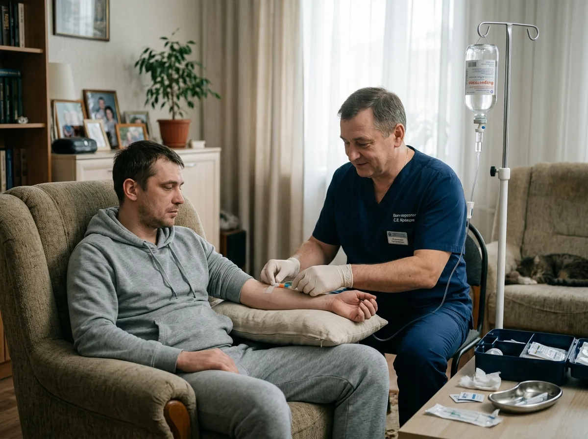 Врач-нарколог ставит капельницу пациенту дома, медицинская обстановка, спокойная атмосфера, приглушённый свет