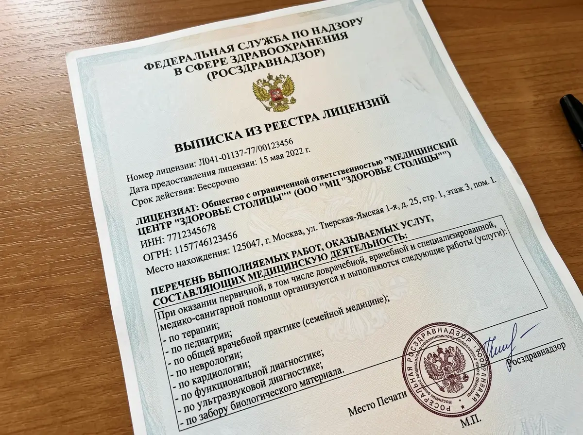 Выписка из реестра лицензий Росздравнадзора, лист 1, официальный документ с реквизитами медицинской организации и перечнем разрешённых видов деятельности