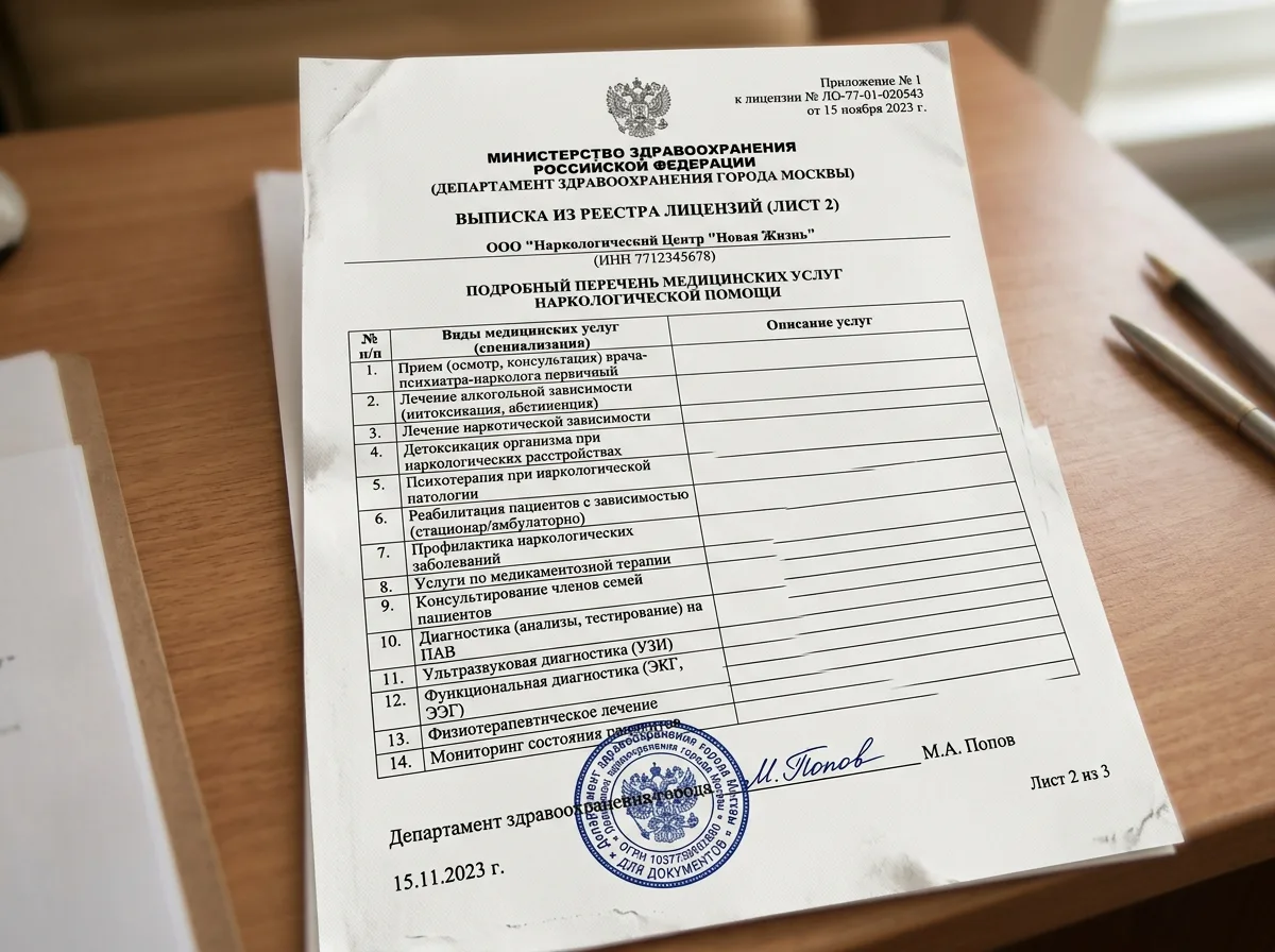 Выписка из реестра лицензий, лист 2, подробный перечень медицинских услуг наркологической помощи, официальный бланк с печатью