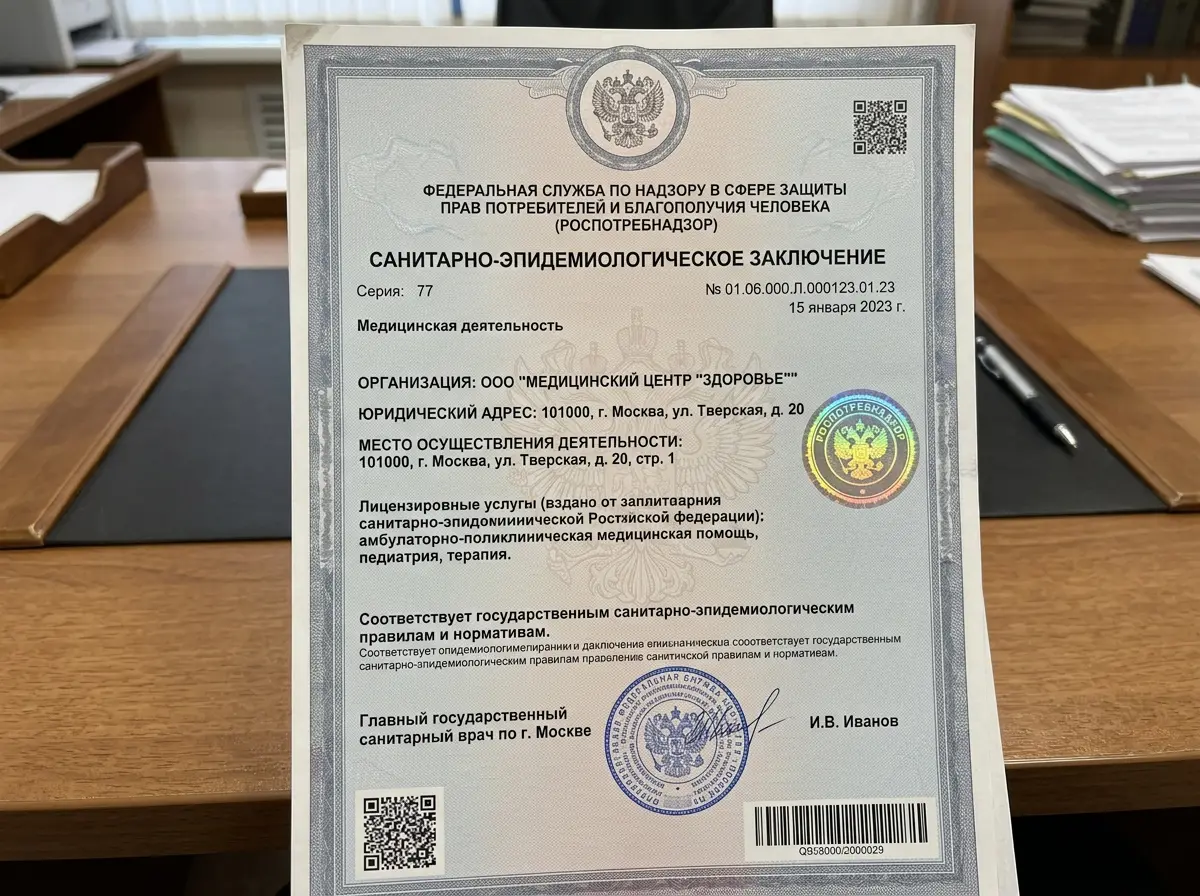 Санитарно-эпидемиологическое заключение на медицинскую деятельность, официальный документ Роспотребнадзора, бланк с голограммой